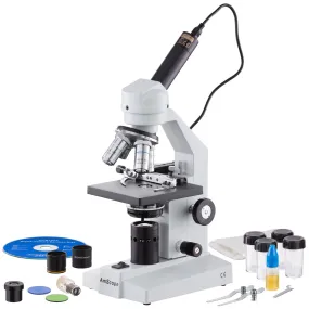 AmScope M500 Series Student Biological Monocular Compound Microscope 40X-2000X Magnification with Mechanical Stage and USB Digital Eyepiece Camera