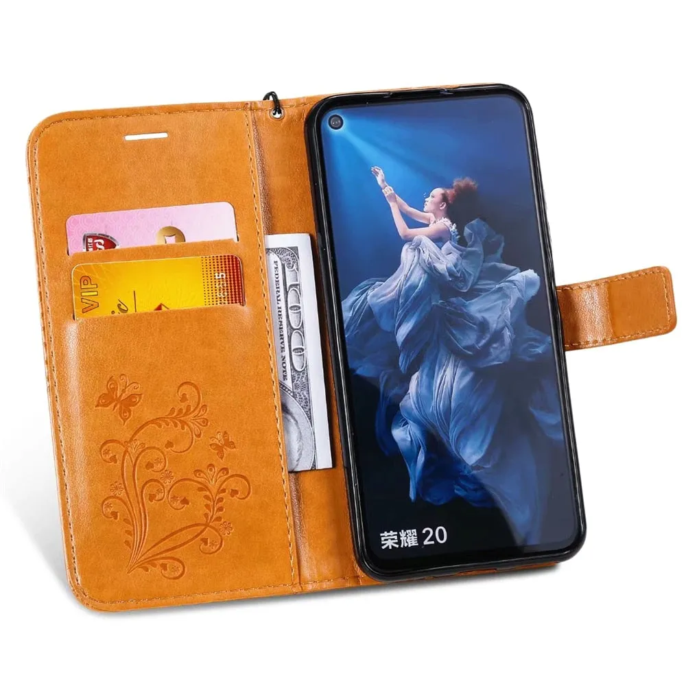 Anymob Huawei Dark Orange Leather Phone Case Butterfly Flip Wallet Cover Protection