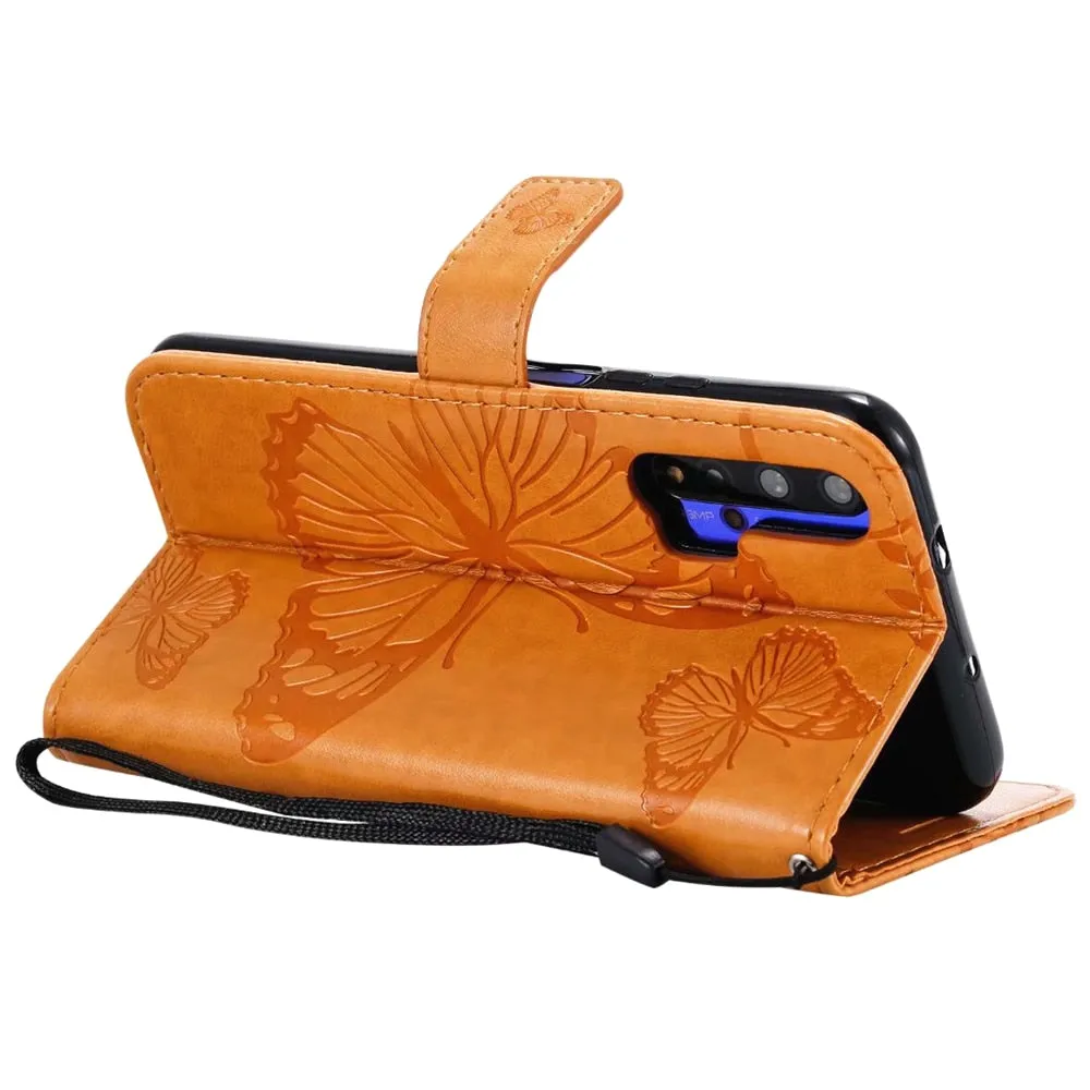 Anymob Huawei Dark Orange Leather Phone Case Butterfly Flip Wallet Cover Protection