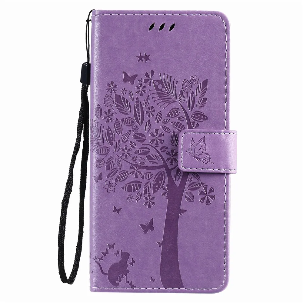 Anymob Huawei Dark Purple Leather Flip Case Wallet Cover Cat Phone Shell