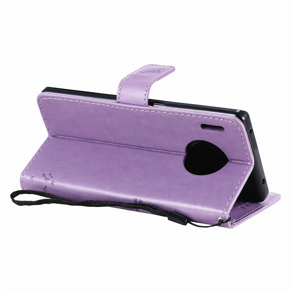 Anymob Huawei Dark Purple Leather Flip Case Wallet Cover Cat Phone Shell