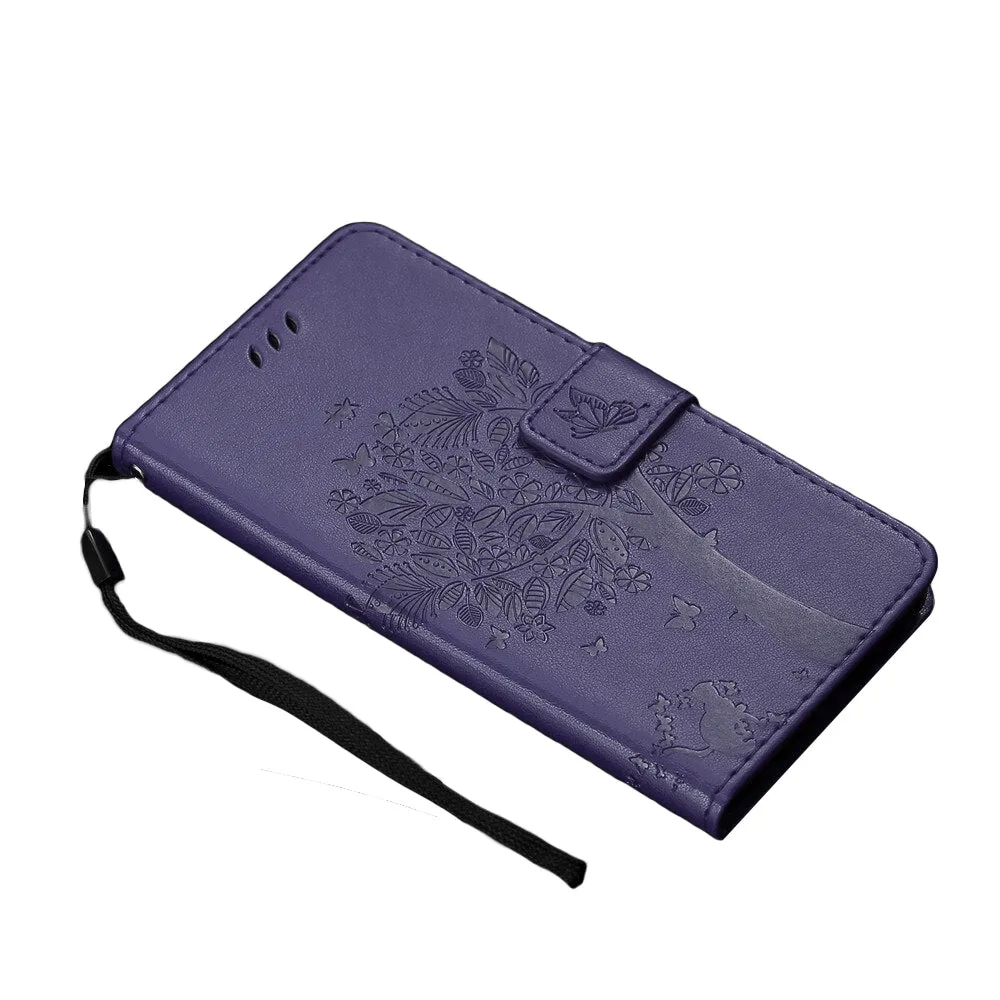 Anymob Huawei Dark Purple Leather Flip Case Wallet Cover Cat Phone Shell