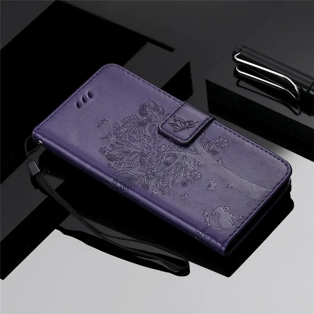 Anymob Huawei Dark Purple Leather Flip Case Wallet Cover Cat Phone Shell