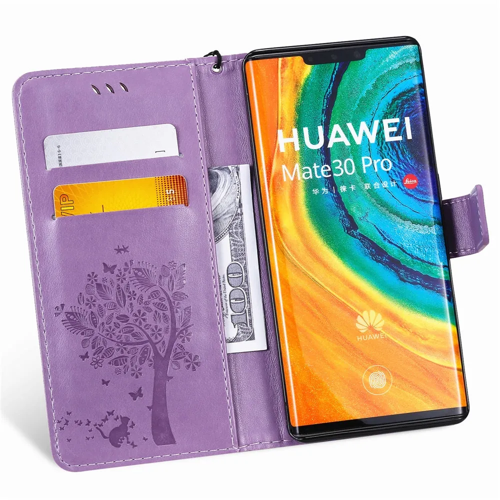 Anymob Huawei Red Leather Flip Case Wallet Cover Cat Phone Shell