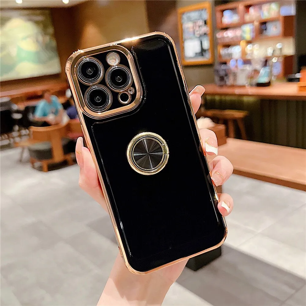 Anymob iPhone Black Ring Holder Stand Electroplating Case Silicone Soft Phone Back Cover