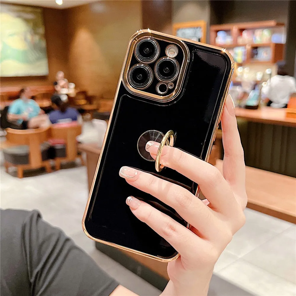 Anymob iPhone Black Ring Holder Stand Electroplating Case Silicone Soft Phone Back Cover