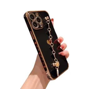 Anymob iPhone Black Wrist Chain Soft Silicone Case Love Heart Side Pattern Plating Phone Cover