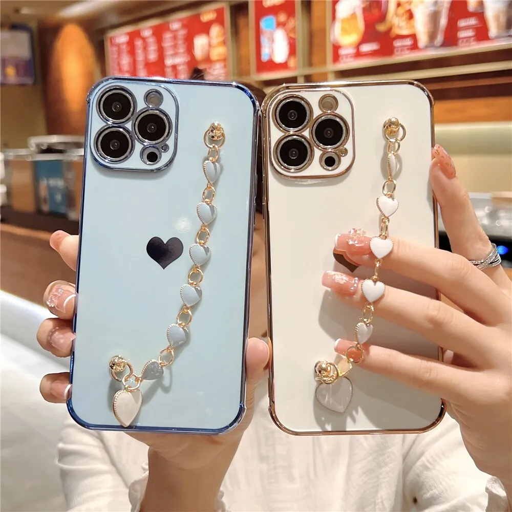 Anymob iPhone Black Wrist Chain Soft Silicone Case Love Heart Side Pattern Plating Phone Cover