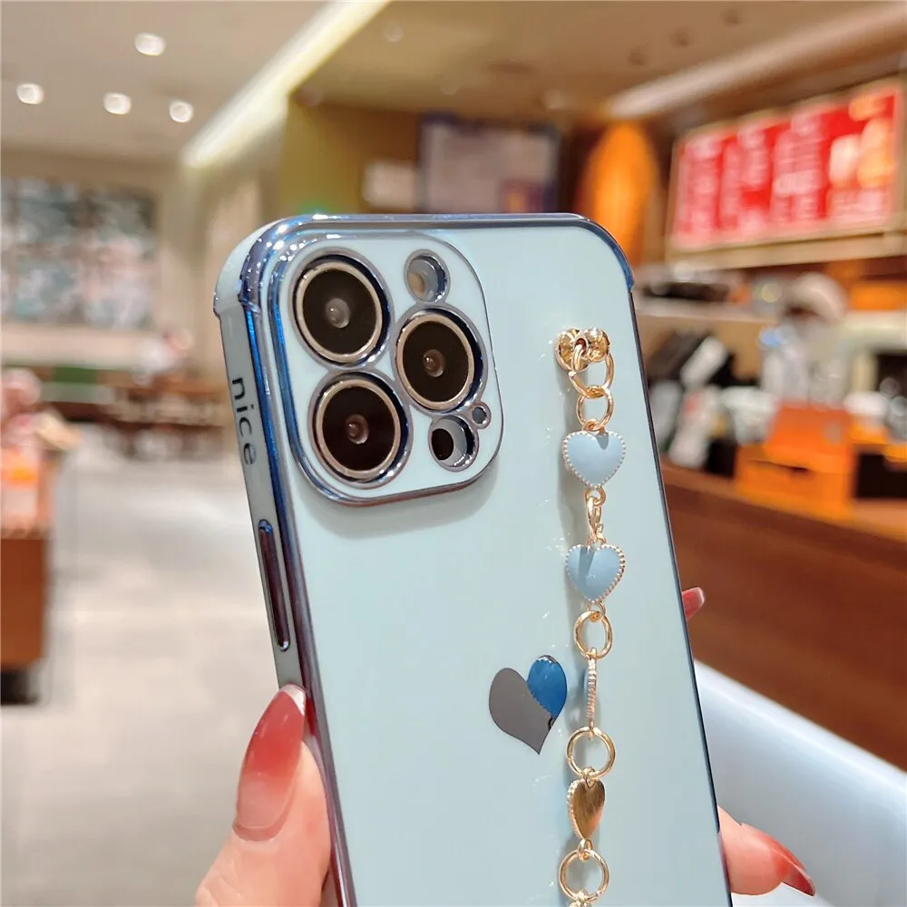 Anymob iPhone Black Wrist Chain Soft Silicone Case Love Heart Side Pattern Plating Phone Cover