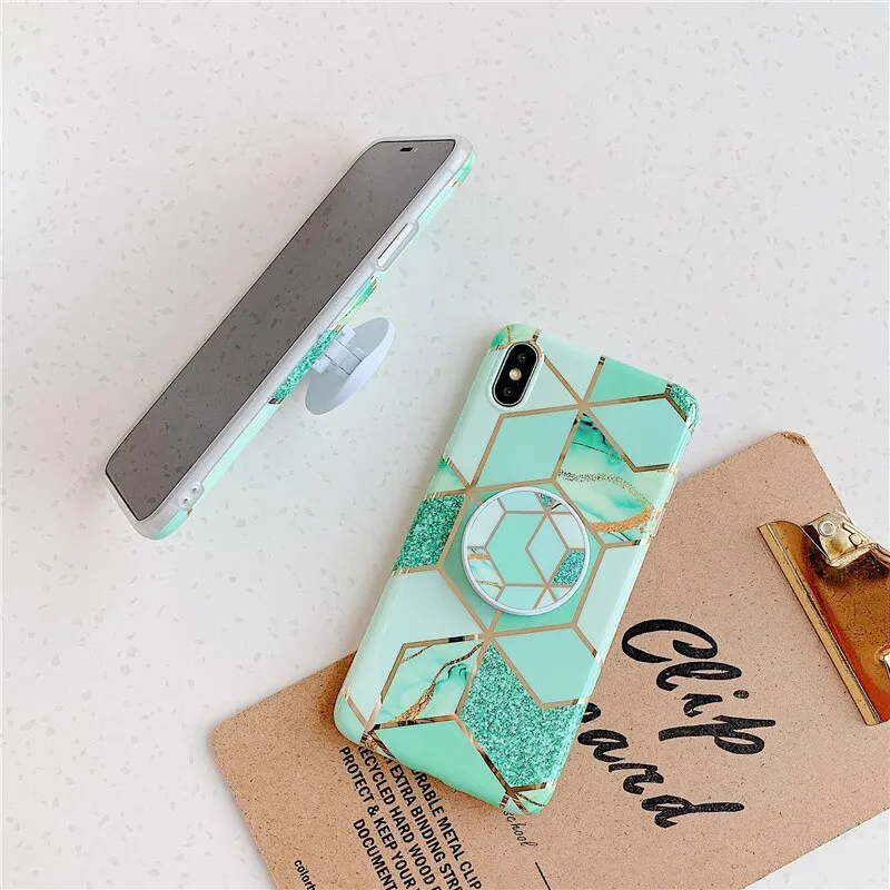 Anymob iPhone Brown Marble Case Holder Stand Splice Plating IMD Silicon Phone Cover