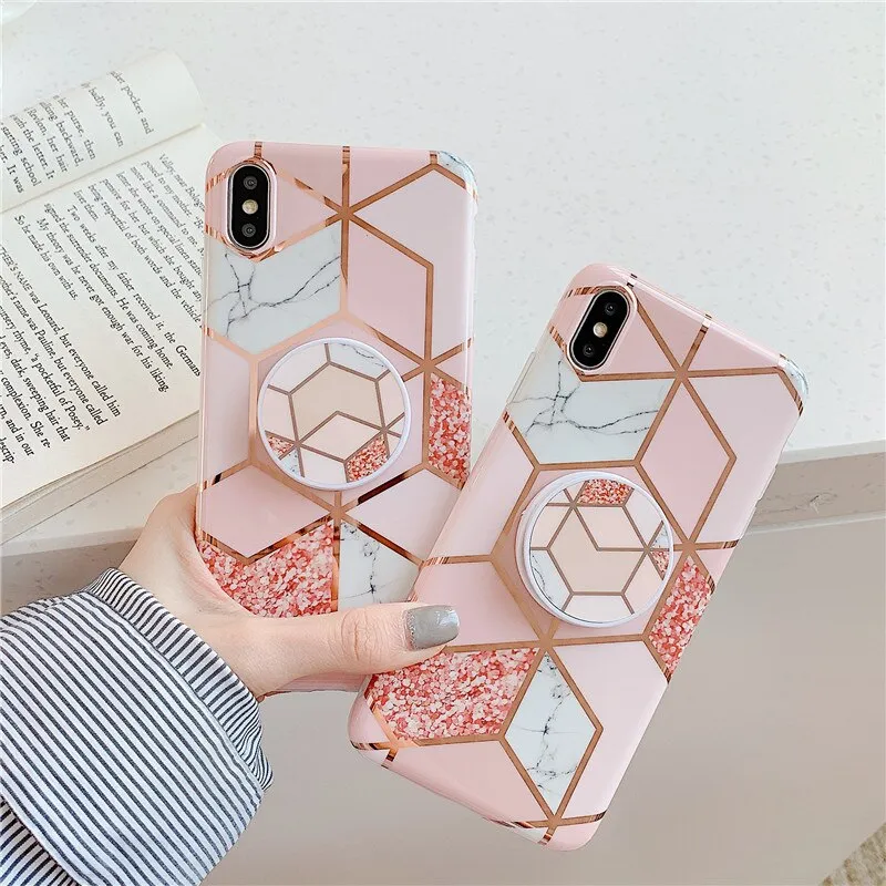 Anymob iPhone Brown Marble Case Holder Stand Splice Plating IMD Silicon Phone Cover