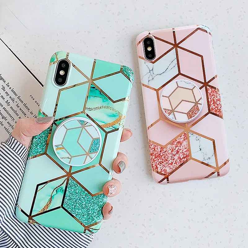 Anymob iPhone Brown Marble Case Holder Stand Splice Plating IMD Silicon Phone Cover