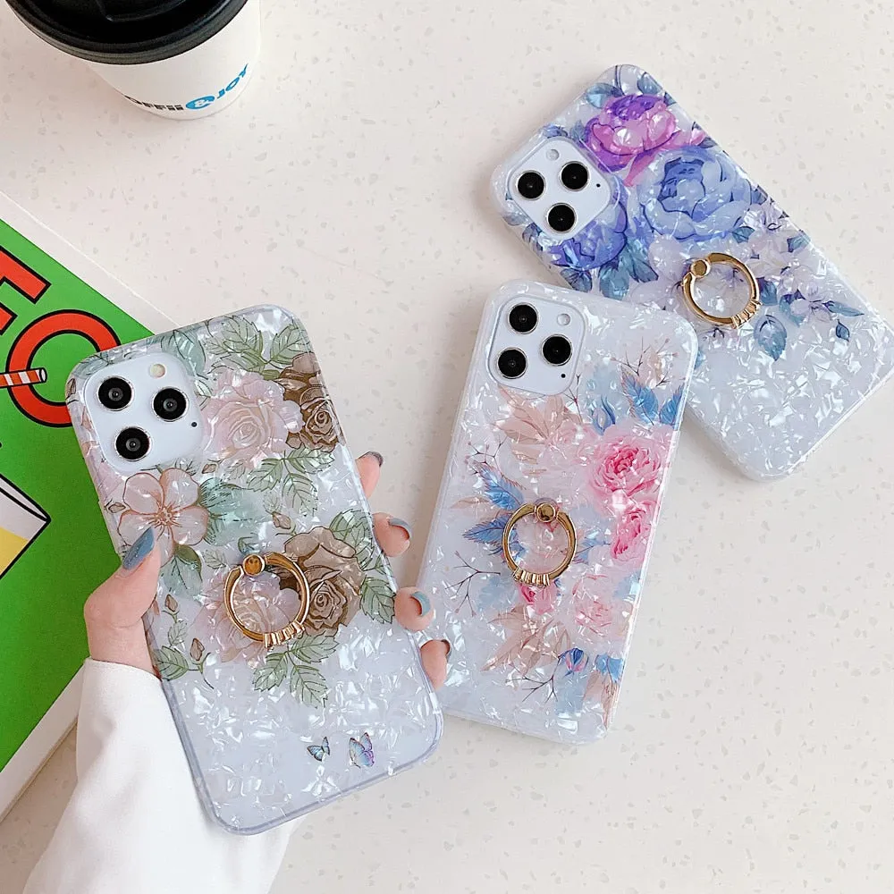 Anymob iPhone Brown Rose Shell Pattern Flowers Phone Cover With Ring Holder