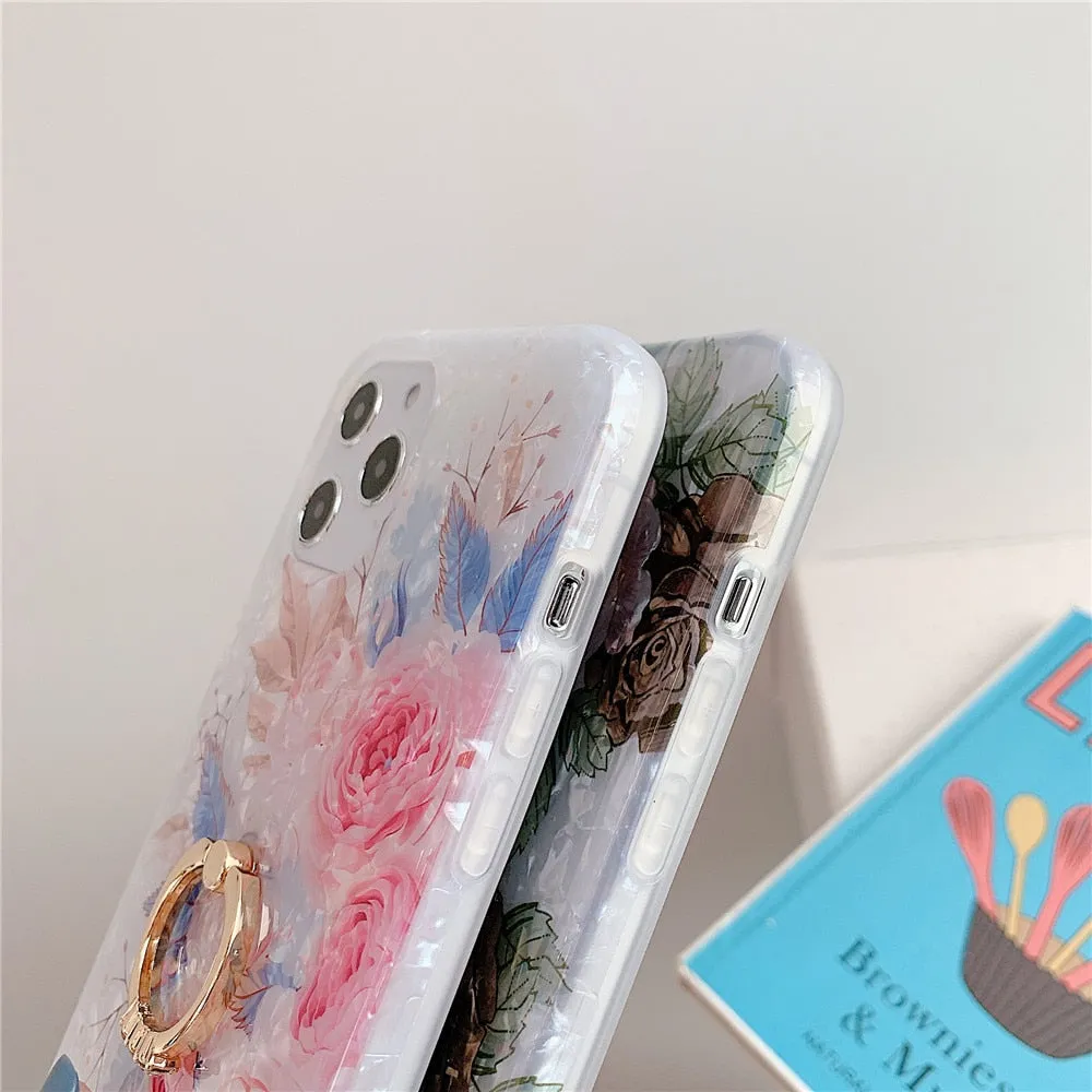 Anymob iPhone Brown Rose Shell Pattern Flowers Phone Cover With Ring Holder