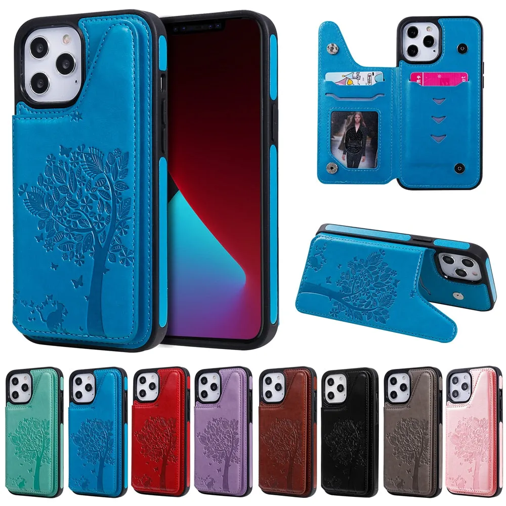 Anymob iPhone Case Blue 3D Tree Cat Leather Flip Wallet Cover