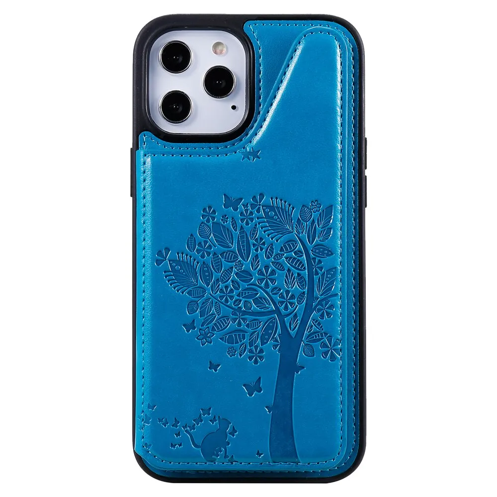 Anymob iPhone Case Blue 3D Tree Cat Leather Flip Wallet Cover