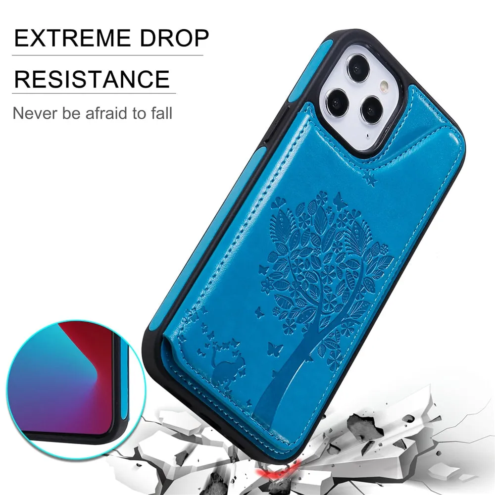 Anymob iPhone Case Blue 3D Tree Cat Leather Flip Wallet Cover