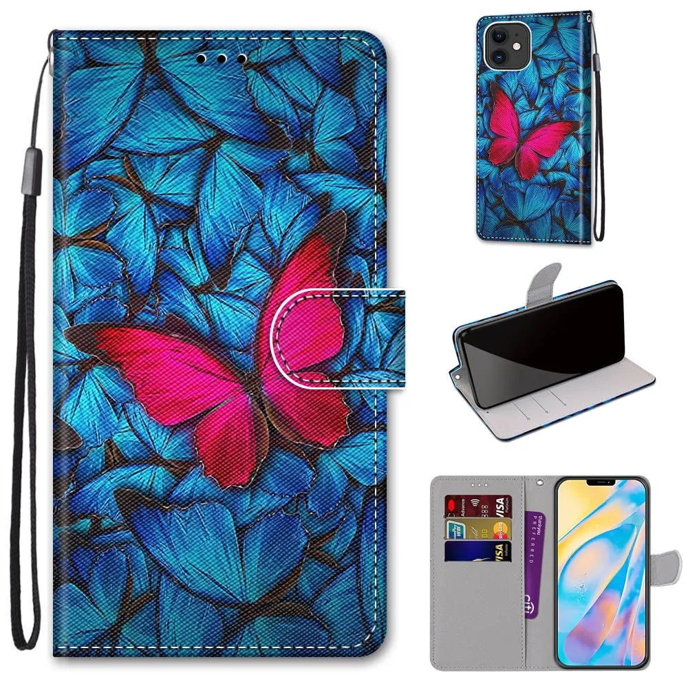 Anymob iPhone Case Blue Galaxy Lovely Cartoon Cat Phone Bag Flip Wallet Leather Protection Cover