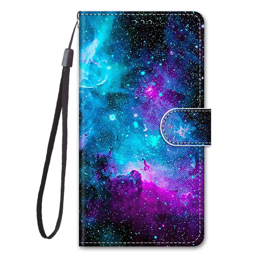 Anymob iPhone Case Blue Galaxy Lovely Cartoon Cat Phone Bag Flip Wallet Leather Protection Cover