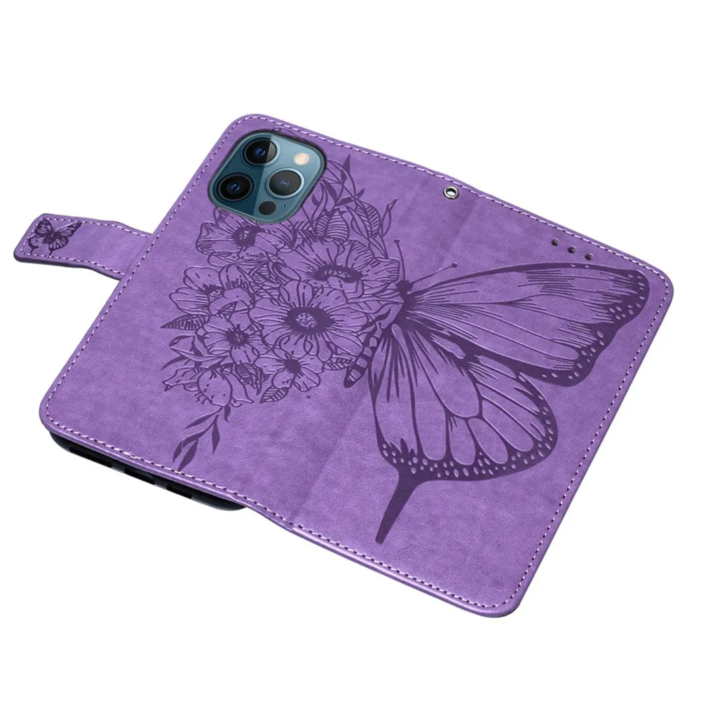 Anymob iPhone Case Dark Purple Embossed Butterfly Flip Magnetic Wallet Leather Phone Cover
