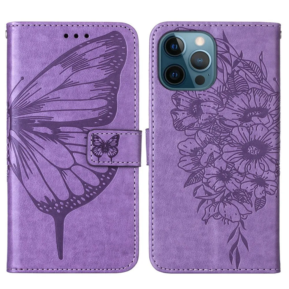 Anymob iPhone Case Dark Purple Embossed Butterfly Flip Magnetic Wallet Leather Phone Cover