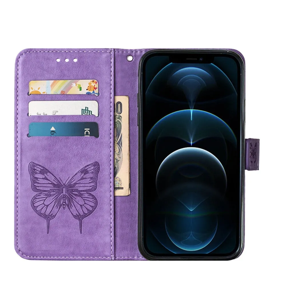 Anymob iPhone Case Dark Purple Embossed Butterfly Flip Magnetic Wallet Leather Phone Cover