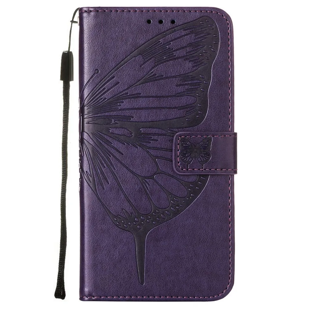 Anymob iPhone Case Dark Purple Embossed Butterfly Flip Magnetic Wallet Leather Phone Cover