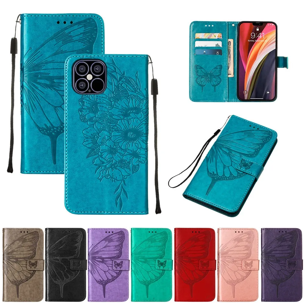 Anymob iPhone Case Dark Purple Embossed Butterfly Flip Magnetic Wallet Leather Phone Cover