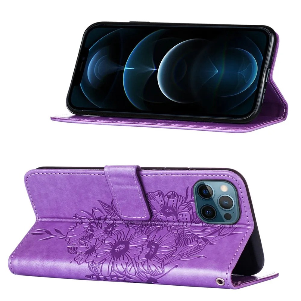 Anymob iPhone Case Dark Purple Embossed Butterfly Flip Magnetic Wallet Leather Phone Cover