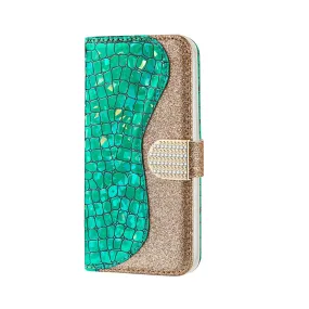 Anymob iPhone Case Green Laser Flash Powder Flip Magnetic Wallet Stand Function
