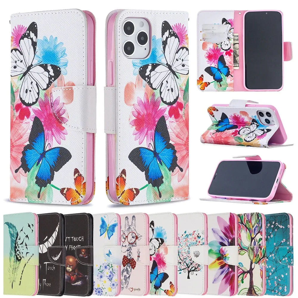 Anymob iPhone Case White with Blue Butterfly Flip Cover Fashion Painted Wallet Leather Bag Shell