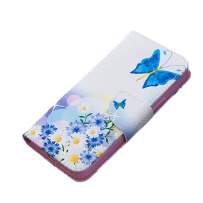 Anymob iPhone Case White with Blue Butterfly Flip Cover Fashion Painted Wallet Leather Bag Shell