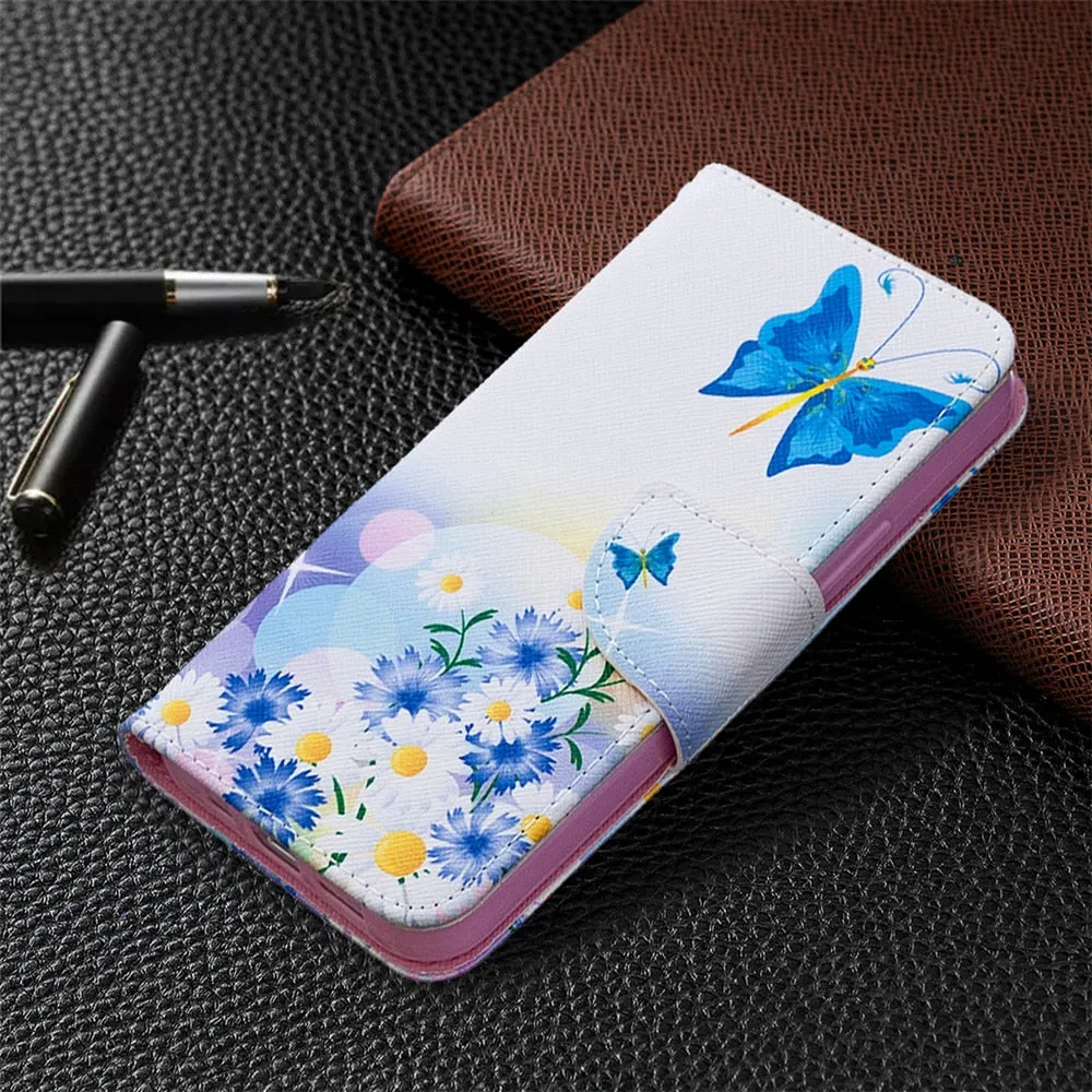 Anymob iPhone Case White with Blue Butterfly Flip Cover Fashion Painted Wallet Leather Bag Shell