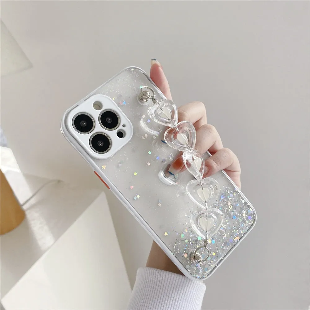 Anymob iPhone Clear Crystal Heart Bracelet Phone Chain Case Glitter Soft Cover