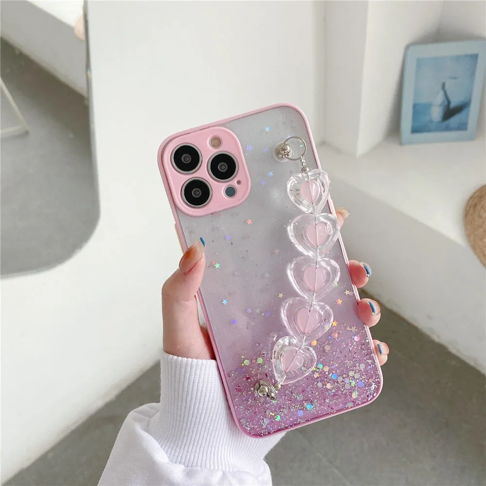 Anymob iPhone Clear Crystal Heart Bracelet Phone Chain Case Glitter Soft Cover