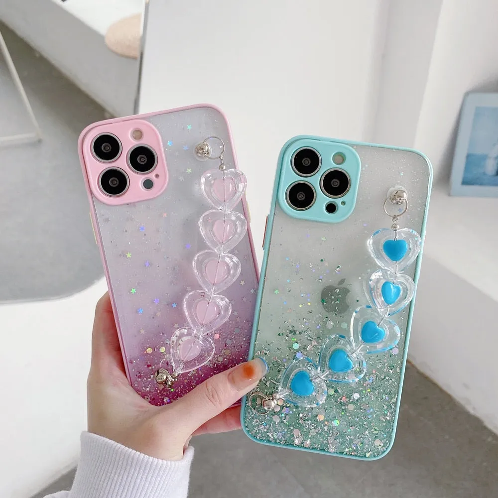 Anymob iPhone Clear Crystal Heart Bracelet Phone Chain Case Glitter Soft Cover