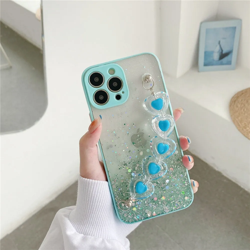 Anymob iPhone Clear Crystal Heart Bracelet Phone Chain Case Glitter Soft Cover