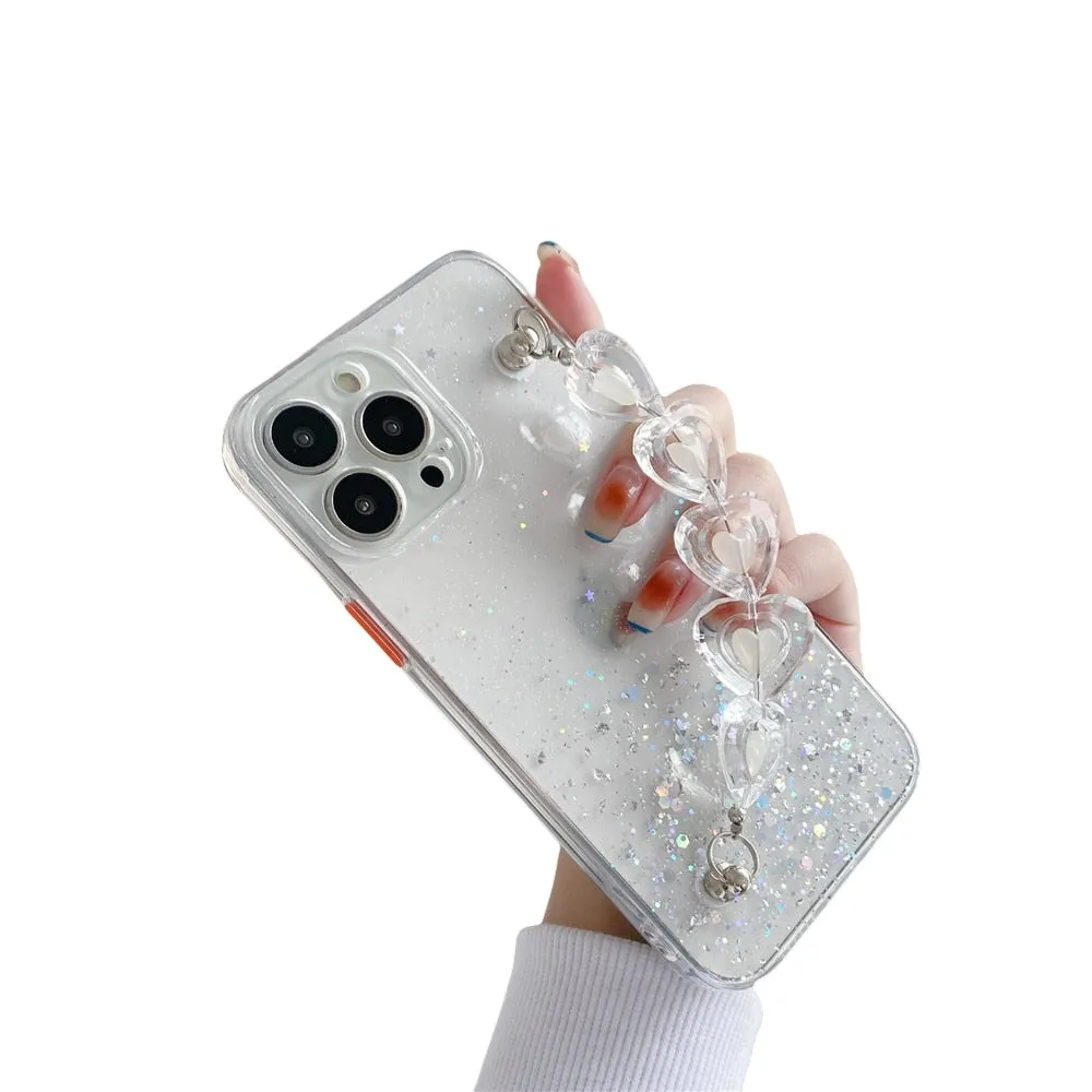 Anymob iPhone Clear Crystal Heart Bracelet Phone Chain Case Glitter Soft Cover