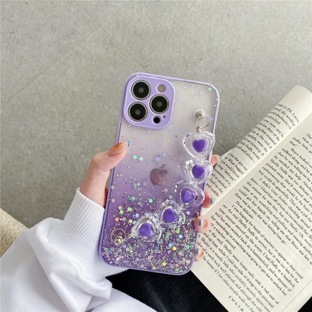Anymob iPhone Clear Crystal Heart Bracelet Phone Chain Case Glitter Soft Cover