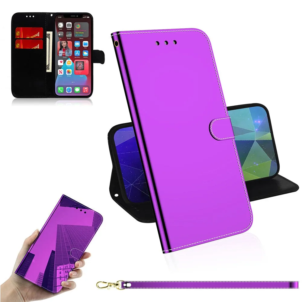 Anymob iPhone Grey Smooth Surface Mirror Leather Case Flip Wallet With Card Slots Cover