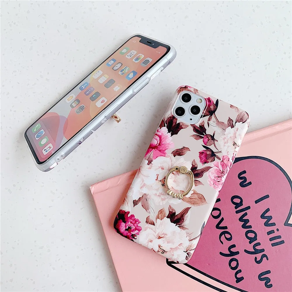 Anymob iPhone Lavender Finger Ring Holder Case Flower Silicone Phone Cover
