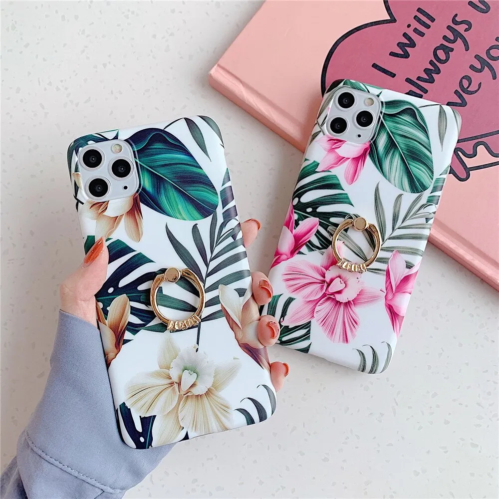 Anymob iPhone Lavender Finger Ring Holder Case Flower Silicone Phone Cover