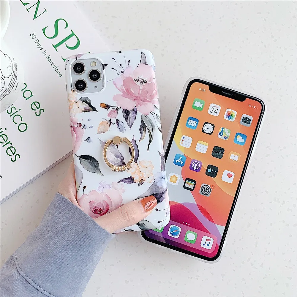 Anymob iPhone Lavender Finger Ring Holder Case Flower Silicone Phone Cover