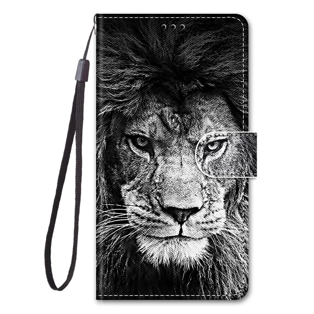 Anymob Samsung Black And White Lion Phone Case Magnetic Flip Leather Card  Wallet Cover
