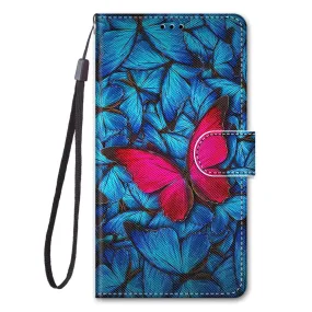 Anymob Samsung Case Blue and Red Butterfly Luxury Painted Flip Cute Playful Cat Wallet Phone Cover