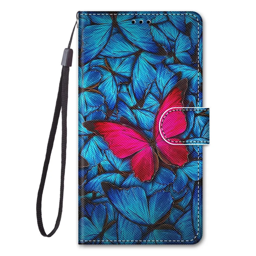 Anymob Samsung Case Blue and Red Butterfly Luxury Painted Flip Cute Playful Cat Wallet Phone Cover