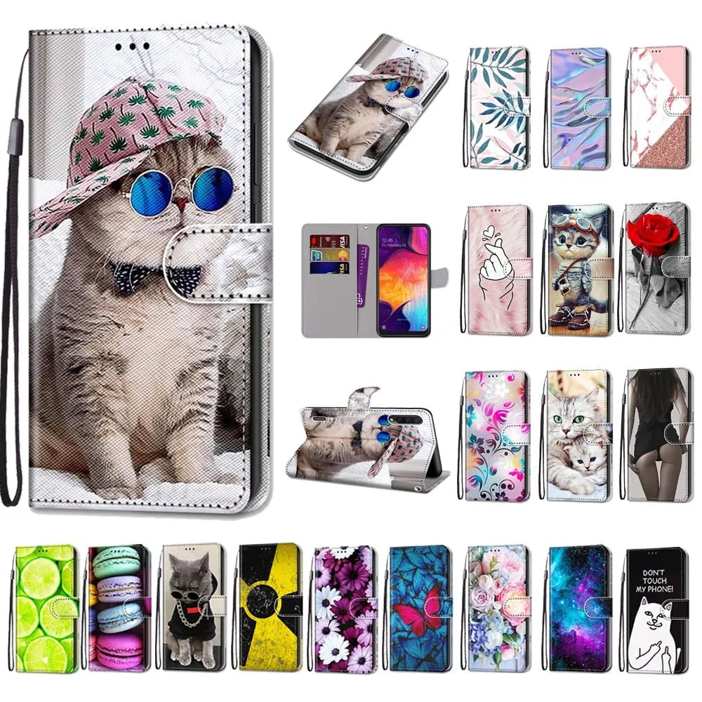 Anymob Samsung Case Multicolor Flower Luxury Painted Flip Cute Playful Cat Wallet Phone Cover