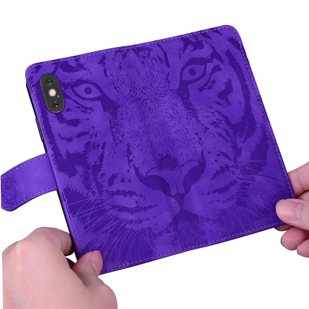 Anymob Samsung Case Red 3D Tiger Embossing Magnetic Flip Leather Card Slot Wallet Book Style Cover
