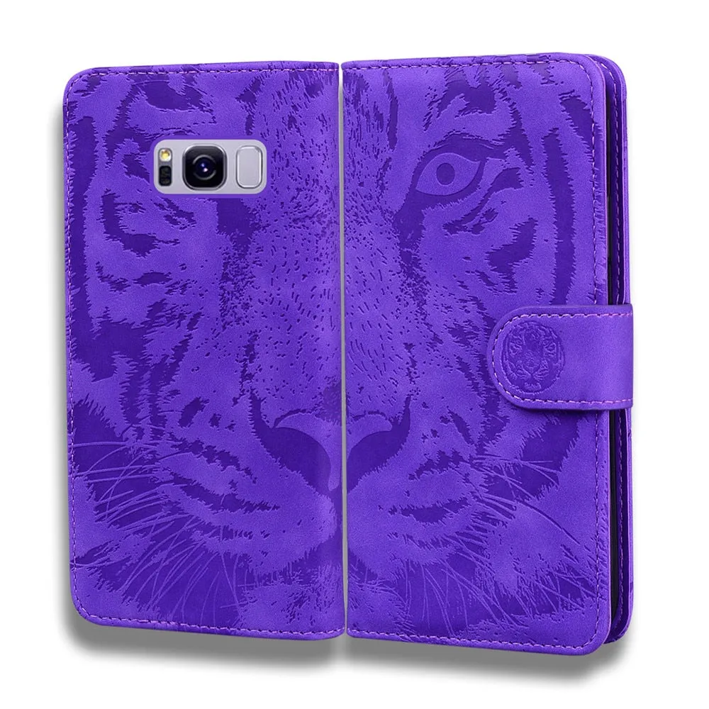 Anymob Samsung Case Red 3D Tiger Embossing Magnetic Flip Leather Card Slot Wallet Book Style Cover