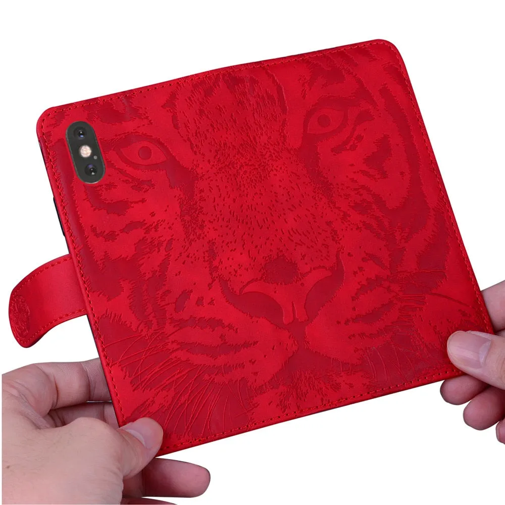 Anymob Samsung Case Red 3D Tiger Embossing Magnetic Flip Leather Card Slot Wallet Book Style Cover